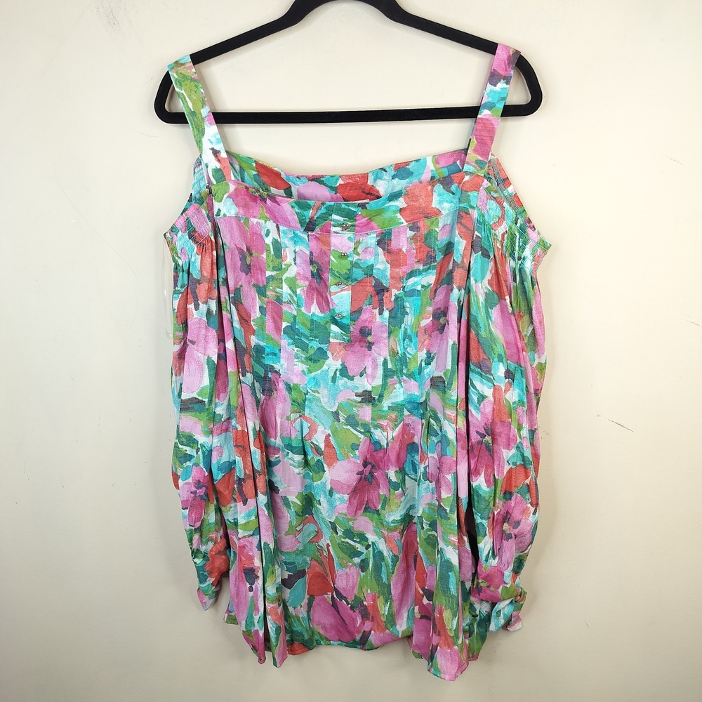 Juniper + Lime Floral Cold Shoulder Top 1X Women's Vibrant Pink Flower Blouse